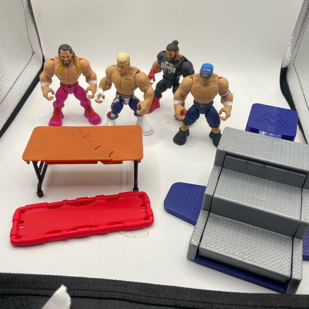 WWE Action Figure Lot with Accessories - Pink, Blue, Orange, Red, Gray